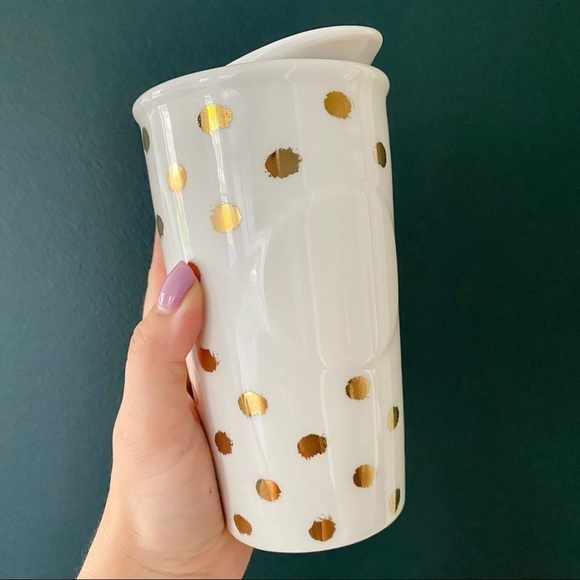 Starbucks 2014 Holiday White & Gold Polka Dot Ceramic Tumbler - Picture 1 of 7